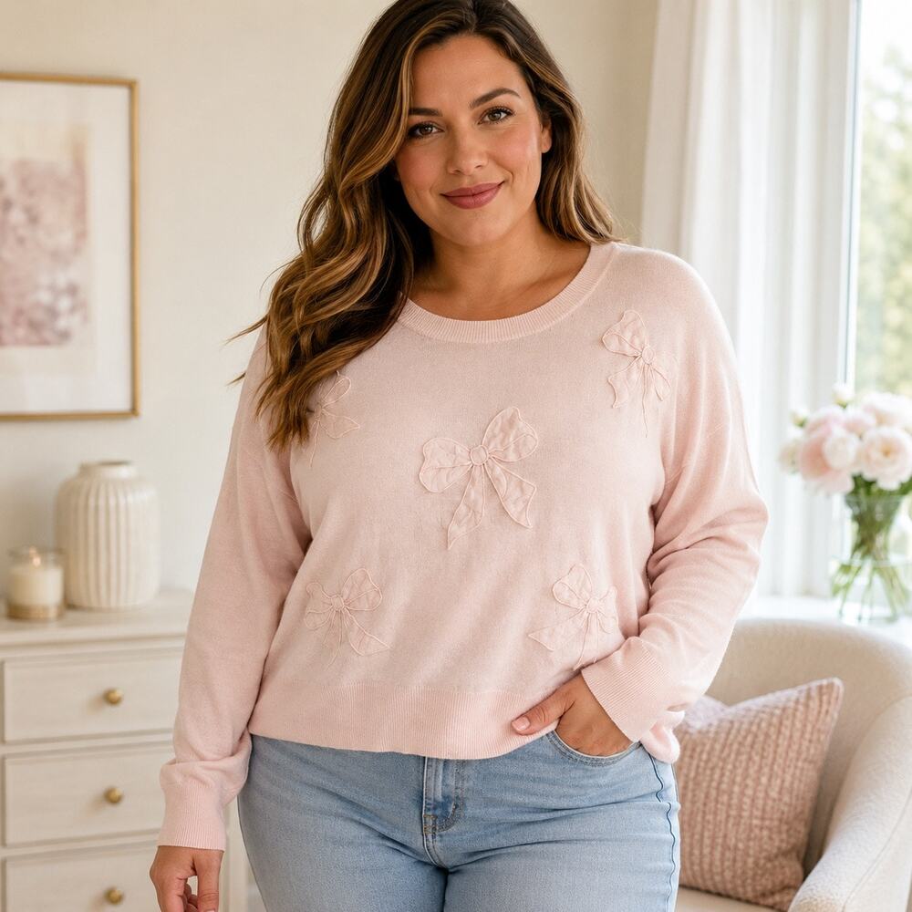 Bridgerton Netflix Womens XL Pink Bow Sweater Coquette Long Sleeve Knit Pullover